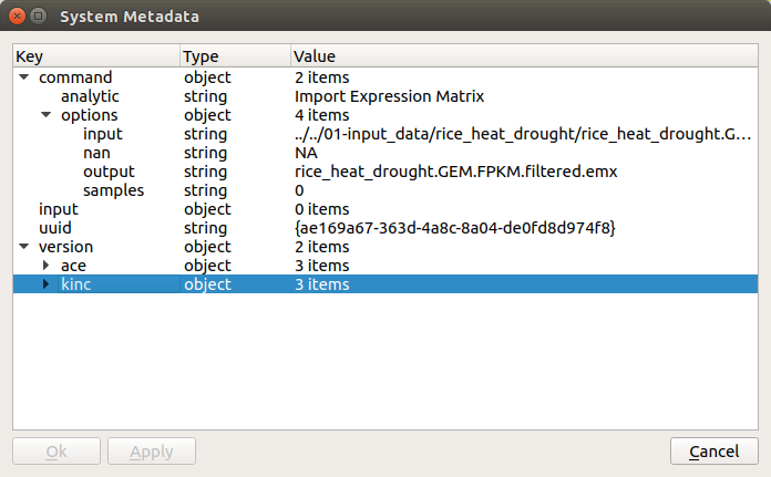 KINC GUI system metadata